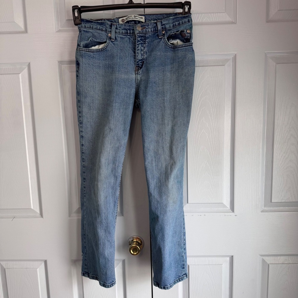 Y2K Vintage Harley Davidson Denim Jeans W 10 Light Wash Straight Leg Biker Core